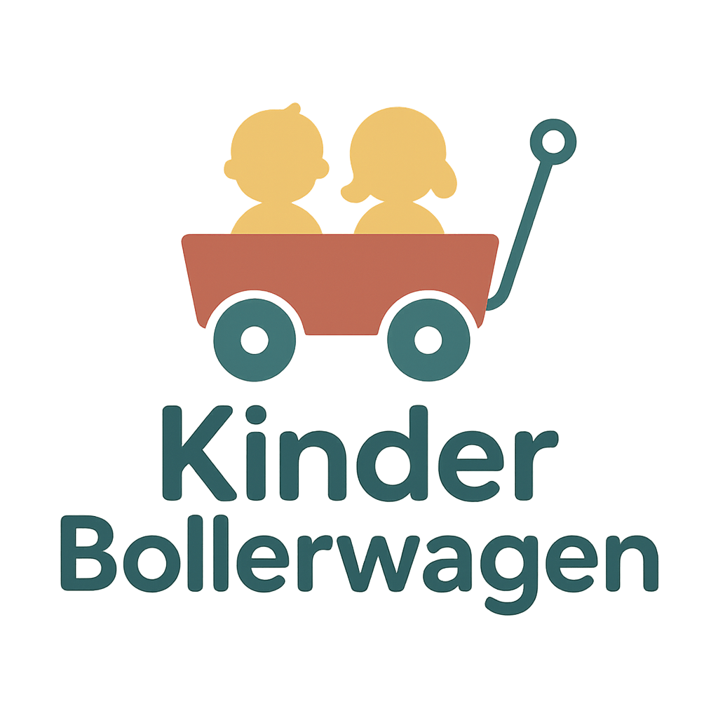 Logo-Kinder Bollerwagen: Zeigt zwei Kindersilhouetten in einem roten Bollerwagen mit Griff über dem fettgedruckten Text "Kinder Bollerwagen" - ideal für Ihre Blog-Homepage.