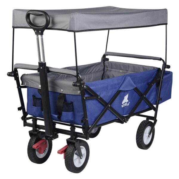 WOLTU Klappbarer Bollerwagen mit Dach, Bremsen, 80 kg, Blau